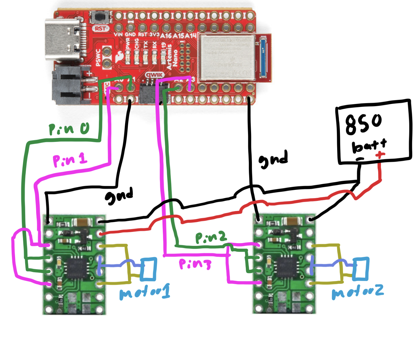 DRV8833 motor driver wiring and Artemis connections